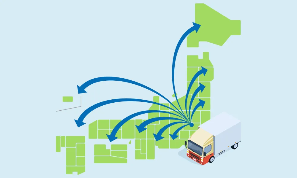 日本地図と自社トラックが表示されており、関東を起点とし、各地への協力な配送ネットワークをイメージさせたインフォグラフィックスです。